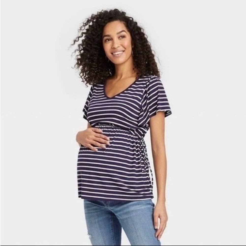 NWT XS Isabel Maternity Navy Striped Flutter Sleeve Maternity Shirt Top